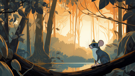 a mouse perched on a log in a forest, depicted in the vibrant and captivating style of crisp neo-pop illustrations. the scene showcases exotic landscapes with subtle gradients, immersing viewers in a rich and enchanting world. the color palette features light indigo and amber tones, reminiscent of children's book illustrations. the illustration evokes a sense of wonder and tranquility, capturing the essence of romantic riverscapes.の素材