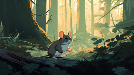 cartoon mouse walking through realistic forest landscape with tonal colors and contrasting lights and darks. pensive pose captured in 2d with rtx on. commissioned environmental portraiture showcasing soft, natural scenery. keywords: cartoon mouse, forest, realistic, tonal colors, contrasting lights and darks, pensive pose, 2d, rtx on, commission, environmental portraiture. ai generatedの素材