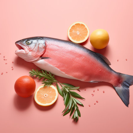 a fish stuffed with saffron, lemon and orange is showcased in an environmental portrait style on a pink background. this minimalist still life is captured with dramatic lighting and minimal retouching, highlighting the vibrant colors of the dish. rainbowcore and berrypunk aesthetics are evident in this full body shot. ai generatedの素材