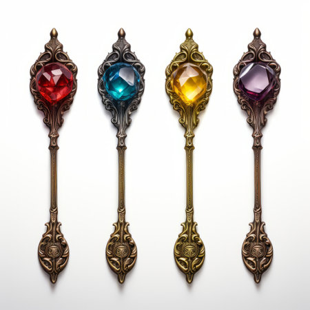 four vintage-inspired golden and silver spoons, featuring gemstones in vibrant spectrum colors, designed in the style of illusionary architectural elements. these spoons are crafted using bronze casting techniques and showcase the unique angura kei aesthetic. the photo is captured with back button focus and highlights the intricate quadratura details. ai generatedの素材