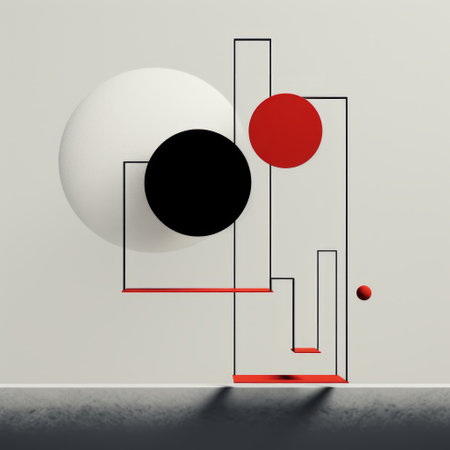 abstract geometric shapes and textured forms arranged within an orange circle, embodying the essence of bauhaus simplicity. this composition showcases the interplay of light and shadow with a realistic touch. achieving classical balance, the toy-like proportions create a unique visual experience. trace monotone enhances the photorealistic quality of the artwork, resulting in captivating and harmonious compositions. ai generatedの素材