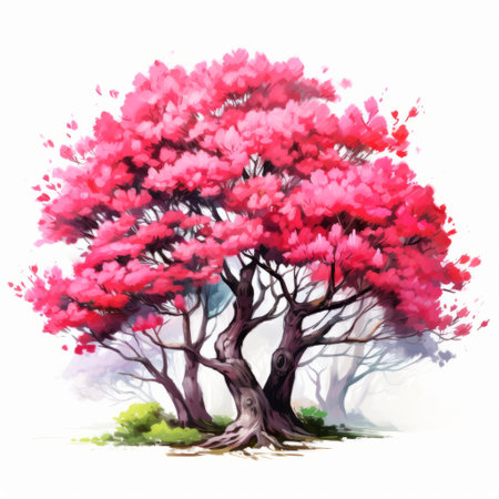 a stunning neogeo-style 2d game art featuring a detailed character design of a tree of flowers with pink-colored leaves. the composition is eye-catching with realistic watercolor paintings of red and magenta hues, reminiscent of realistic, ai generatedの素材