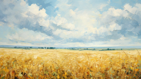 a stunning digital painting by john ogilve jr, featuring a sunlit cropfield on a beautiful english countryside scene. this artwork, inspired by the style of krenz cushart, showcases beautifully textured brushstrokes on a large canvas format. with its captivating sky-blue and gold tones, this, ai generatedの素材