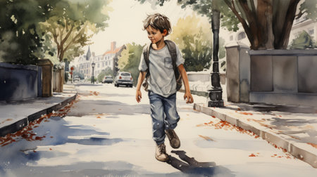 a boy walking down the street with a paint pencil, creating colorful ink wash paintings. the style combines elements of realistic watercolor and traditional oil-painting techniques. inspired by the new york school, the artwork features light gray and bronze tones, emphasizing emotion through narrative depictions. ai generatedの素材