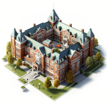 the stanford university main building, rendered in an isometric perspective, combines the artistic styles of gediminas pranckevicius, daz3d, and the helsinki school. this victorian-inspired depiction, reminiscent, ai generatedの素材