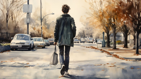 a man walking down a city street captured in a watercolor painting, showcasing realistic landscapes with soft, tonal colors. this candid moment is portrayed with poignant portraits and enhanced by the uhd image quality. the artwork reflects the artistic style of calarts, known for its candid portraiture and skillful use of backlighting. ai generatedの素材