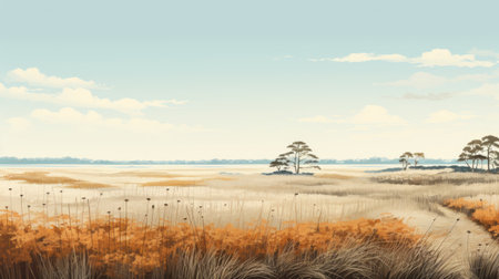 an eastern south american prairie landscape illustration that exudes serene simplicity and gentle hues. with a panoramic scale, it captures the essence of dutch landscapes and suffolk coast views. delicate tones of light yellow and light blue enhance the peacefulness of the scene. keywords: eastern south america, prairie landscape, dutch landscapes, suffolk coast views, panoramic scale, gentle hues, peacefulness, light yellow, light blue. ai generatedの素材