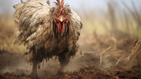 rooster covered in mud, featuring explosive pigmentation with soft-focus technique. the light gray and brown feathers are complemented by organic chaos in the background. the smokey background adds depth to this national geographic style photo. the rooster's character shines through, making it a truly character-driven image. keywords: rooster, mud, explosive pigmentation, soft-focus technique, organic chaos, smokey background, national geographic, character-driven. ai generatedの素材