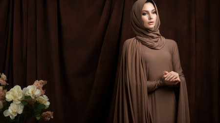 a dark brown muslim woman confidently dons a hijabi hawaiihawaiana dress, exuding elegance and grace. the luxurious drapery showcases light brown, texture-rich surfaces that accentuate the sculpted forms inspired by medieval times. soft tonal range and blended colors complement her serene presence. ai generatedの素材