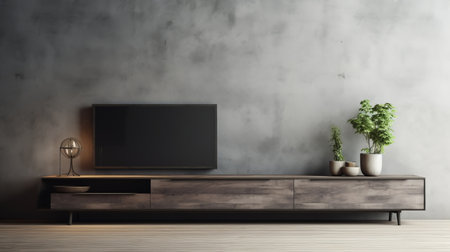 an entertainment unit featuring a tv, clock, plant, and side table. this dark and foreboding style showcases 8k resolution and concrete brutalism. the calm and serene beauty is enhanced by the varying wood grains and uneven textures, creating a high-quality photo. ai generatedの素材