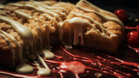 a cake with cherries on top is covered in icing, captured in a photo taken with a nikon d750. the dark beige and amber tones, reminiscent of fujifilm acros film, add depth to the image. the 4k resolution showcases the details, while the composition reflects the artistic style of tom thomson, known for his detail-oriented approach. ai generatedの素材