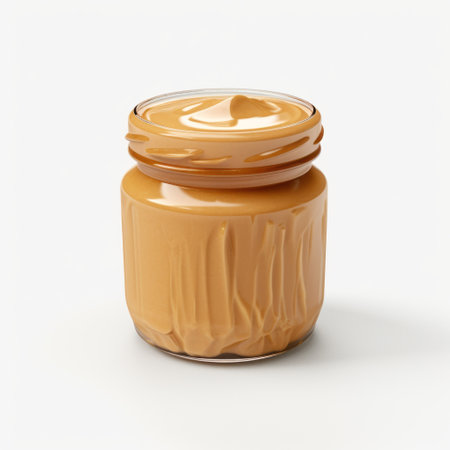 peanut butter in a jar on a white background, presented in a liquid emulsion printing style. this hyper-realistic representation showcases multilayered textures with a combination of light orange and dark beige tones. the artistic technique of tachisme is evident through the glazed surfaces, resulting in a visually captivating and kimoicore-inspired image. ai generatedの素材