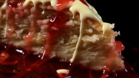 a slice of cake with icing and red syrup on the plate, captured in a realistic hyper-detail style. the dynamic chiaroscuro lighting adds depth to this uhd image, showcasing the realist detail of the crimson and beige colors. this matte photo presents distorted and fragmented images, creating an intriguing visual composition. ai generatedの素材