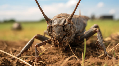 a grasshopper, with its large body, walks across the soil in a post-apocalyptic setting. the photo captures the frontal perspective and showcases explosive pigmentation. taken with provia, it offers intense close-ups of the grasshopper's strong facial expression. this captivating image resembles a scene from national geographic. ai generatedの素材
