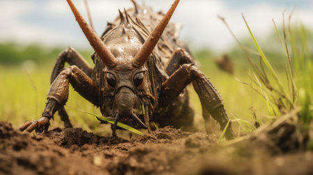 a giant bug drives itself across the field, resembling rusty debris. this edgy political commentary captures the bug in sharp focus, reminiscent of a national geographic photo. the characterful animal portraits and uhd image add to its junglepunk aesthetic. ai generatedの素材