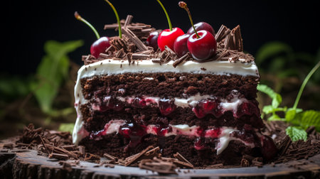 a delicious piece of cake topped with cherries in cream is beautifully captured in this uhd image. the dark background adds depth and contrast to the layered fabrications of the cake. the cabincore style is enhanced by the dark brown and silver tones, while softbox lighting highlights the cake's texture. this 32k uhd image is available under creative commons attribution. ai generatedの素材