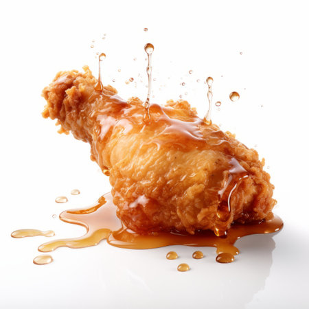 a chicken leg, dripping with syrup, embodies chaotic energy in this high-detailed photograph. captured at iso 200, the image showcases a fashwave aesthetic and stark honesty. developed using caffenol, the photo also incorporates frottage techniques. ai generatedの素材