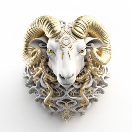 a 3d printed white ram with large ornaments, in the style of conceptual digital art. the ram is light gold and gray, featuring mystic symbolism and a strong facial expression. this ultra hd sculpture showcases contrasting values and symmetrical harmony. ai generatedの素材