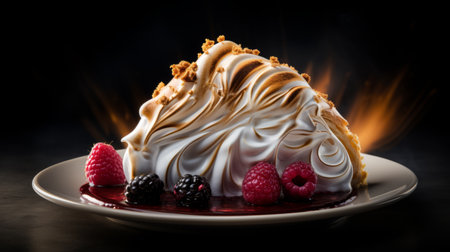 a vibrant and high-energy dessert featuring raspberries and whipped cream. this visually stunning image showcases dark amber and gold tones, creating a captivating and dynamic range. the layered fabrications add depth and texture, while the iconic and polished craftsmanship shines through. get ready to indulge in this heatwave of flavors, ai generatedの素材