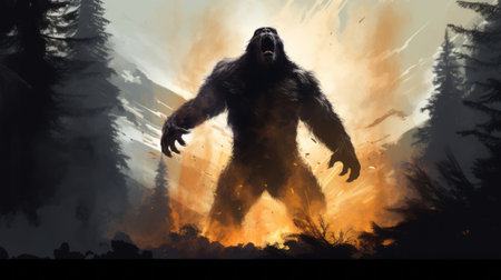 a majestic bigfoot stands tall amidst a sunlit forest, portrayed in a captivating concept art style. the scene is explosive and chaotic, with a mesmerizing blend of dark white and bronze hues. the mythical creature, resembling a manticore, evokes awe and wonder. bold character designs and emotionally-charged brushstrokes bring this stunning artwork to life, showcasing its undeniable beauty. ai generatedの素材