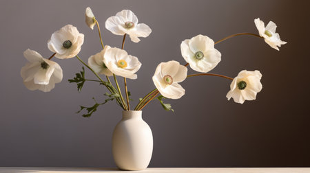 a modern and minimalistic anemone arrangement in a vase. clean lines, simple color palette, and minimalist style define this painting. the neutral color tone with shades of white and grey enhances the focus on the subject. soft and subtle lighting highlights the subject's features. this minimalist approach captures the essence of modern portraiture, making it an exquisite piece. ai generatedの素材