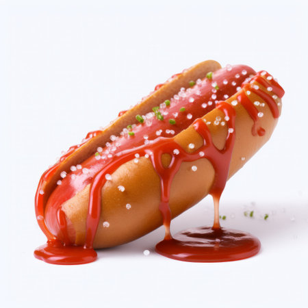 a mouth-watering hot dog, topped with ketchup, rests on a paper in this photorealistic image created using the zbrush software. the paint dripping technique adds a carnivalesque touch to the scene, while the cranberrycore and light orange hues create a warm and inviting atmosphere. shot at iso 200, this image captures every delicious detail of the hot dog and its, ai generatedの素材