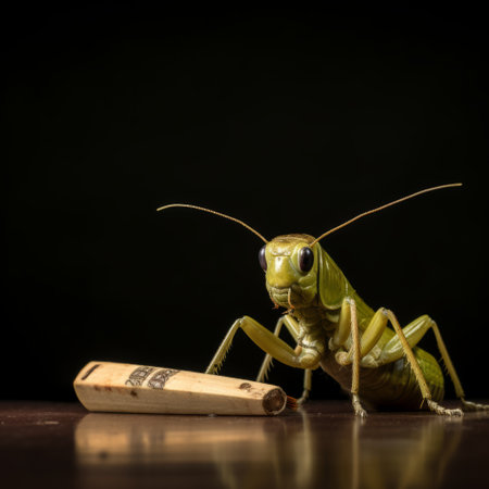 a grasshopper, in the style of precisionism influence, shivers through his mouth while holding a white piece of chalk. this national geographic photo captures the utilitarian objects and celebrity photography elements. the composition, made of insects, showcases realistic still lifes with dramatic lighting, creating a captivating mood. ai generatedの素材