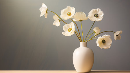a modern and minimalistic anemone arrangement in a vase. clean lines, simple color palette, and minimalist style define this painting. the neutral color tone with shades of white and grey enhances the focus on the subject. soft and subtle lighting highlights the subject's features. this minimalist approach captures the essence of modern portraiture, making it a captivating piece. ai generatedの素材