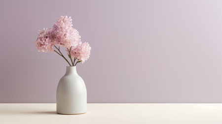 a modern and minimalistic lilac arrangement in a vase. minimalism shines through in this painting, with clean lines and a simple color palette. the subject takes center stage, while the portrait's details draw attention. shades of white and grey create a neutral color tone. soft and subtle lighting accentuates the subject's features. this minimalist painting embodies the essence of modern portraiture, showcasing the beauty ofの素材
