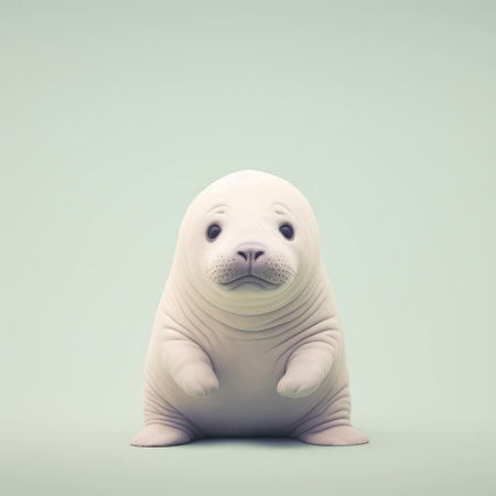 seal baby 3d illustration in nathan wirth and kahlil gibran style, featuring clean lines, pure forms, and subtle pastel hues. the minimalist japanese-inspired design is complemented by raphael lacoste's characterized animals, creating a charming and whimsical image of a seal pup eagerly awaiting an ice cream treat. ai generatedの素材