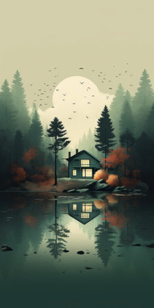 a hauntingly beautiful illustration of a house nestled near a serene pond, surrounded by lush trees and accompanied by graceful birds. the moody atmosphere captures the essence of wilderness, while the combination of light teal and dark amber hues adds depth to this environmental portraiture. this highly detailed cabincore scene is reminiscent of captivating illustrations. ai generatedの素材