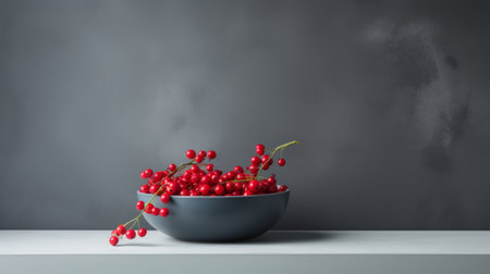 a bowl with red berries is placed on a stylish grey table, showcasing digital minimalism aesthetics. the image, captured in stunning 8k resolution, features a matte background and a balanced composition. with bold chromaticity and influenced by selkiecore, the photo exudes a sense of tranquility. enhanced through meticulous post-processing, this visually appealing image is sure to captivate. ai generatedの素材