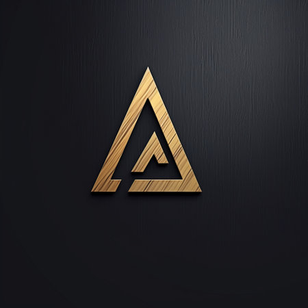 an elegant triangle logo, shaped like a "t," features golden lettering. the logo is designed in the style of wood, with realistic anamorphic art techniques. created by andreas levers and inspired by the realistic textures of alexandr averin, this logo stands out against a matte background. its precisionist design exudes sophistication and, ai generatedの素材
