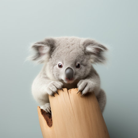 a playful koala bear comfortably sits on a wooden trunk, showcasing its adorable expressions in a minimal retouching style. captured using a large format lens, the photograph exudes a soothing color palette of light teal and light gray. this captivating image, which incorporates innovative techniques such as vray tracing, emerged as a contest winner with its exceptional composition and charm. ai generatedの素材