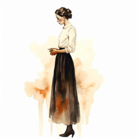 a dark and brooding designer, harriet bess, presents a captivating cartoon-style watercolor portrait of a woman in a skirt. inspired by the artistic styles of alex andreev and serge marshennikov, this captivating artwork seamlessly blends dark white and dark amber tones. with a touch of dieselpunk influence, this editorial illustration by harriet bess exudes a unique and mesmerizing vibe reminiscent of camille vivier's work. diveの素材