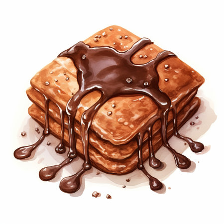 a pancake with chocolate and syrup, painted on a white background, showcases highly detailed illustrations. this rectangular field of art features a 2d game art style, reminiscent of fantasy illustration and lowbrow art. ai generatedの素材