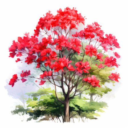 a stunning red jacaranda christmas tree watercolor image capturing the realistic usage of light and color. this uhd image showcases a beautiful blend of light red and dark gray tones, creating an intricate and delicate portrayal. perfect for those who appreciate exquisite flower and garden paintings. ai generatedの素材