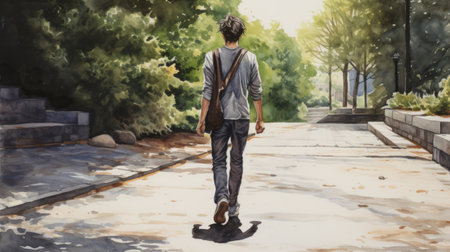 young boy walking down the street in a watercolor painting, capturing the essence of nature. the realistic depiction of the human form blends beautifully with the romantic scenery. the artwork is reminiscent of the styles of matt wagner and kris knight, with a color palette of gray and brown. ai generatedの素材
