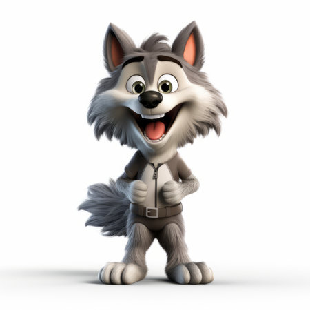 a cute gray wolf in a suit with big sunglasses, styled in disney animation, showcasing loose gestures. this artwork by john wilhelm is rendered in maya, featuring a light white and dark silver color palette. the icepunk theme adds a unique touch, reminiscent of the works of carl barks. ai generatedの素材