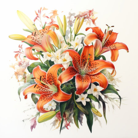 colorful flower arrangement on white showcasing a beautiful illustration by talbot hughes. this hyperrealistic artwork captures the essence of wildlife portraits with its intricate details and scattered composition. the vibrant hues of light orange and light crimson are cleverly merged with delicate white accents, adding to the overall perfection of the piece. welcome to the mesmerizing world of lilia alvarado's talent. ai generatedの素材