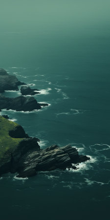 headland wallpaper captures calming, introspective aesthetics through webcam photography. the dark green and light aquamarine hues blend with dark turquoise and light brown, presenting mountainous vistas. this swiss-style, juxtaposed imagery offers a serene head, ai generatedの素材