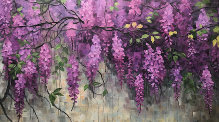 a vibrant painting of purple wisteria flowers on a brick wall, showcasing the artist's unique style inspired by vibrant airy scenes. the use of paint dripping technique adds an intriguing element to the artwork. tang yau hoong, a renowned muralist, has influenced this piece, evident in the vibrant stage backdrops and mixed media elements. the attention to detail in the foliage brings the painting toの素材