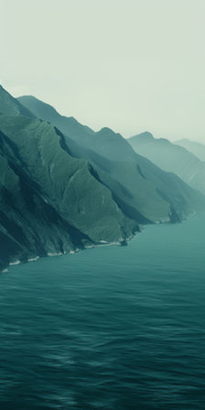 headland wallpaper featuring a calming and introspective aesthetic. this picturesque scene captures a headland surrounded by tranquil waters in dark green and light aquamarine hues. with elements of webcam photography, the image showcases a captivating blend of dark turquoise and light brown tones. the mountainous vistas provide a stunning backdrop, while juxtaposed imagery adds a touch of swiss style to this mesmerizing composition. ai generatedの素材