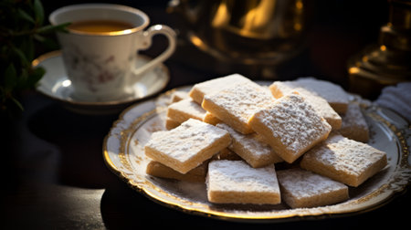 a round plate featuring delicate powdered sugar squares takes center stage in this captivating photo. bathed in the mesmerizing golden light, the image exudes an air of historical significance resembling the artistic technique of quadratura. dmitry spiros' bold and energetic style is evident, creating a captivating visual contrast against the cold and detached atmosphere. this photo expertly utilizes selective focus to draw the viewer's attentionの素材