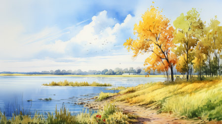 a stunning watercolor artwork capturing a serene river nestled amidst towering trees and cliffs. this realistic scenery evokes the charm of idyllic rural landscapes. the painting showcases yellow hues blending seamlessly with a sky-blue and amber palette. the artist's exquisite brushwork brings to life the beauty of nature, complemented by realistic bird paintings. this captivating piece embraces the essence of prairiecore aesthetics. photographed with theの素材