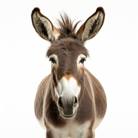 donkey photo isolated on white background, featuring an extremely high resolution and captured with a 16mm lens. the soft lighting enhances the super detail and photorealistic quality of the image. with anti-aliasing and high sharpness, this picture showcases ambient shading and hdr super detail. the use of opengl shaders, glsl shaders, and pro photo gb ensures stunning visuals. the composition is further enhanced by theの素材