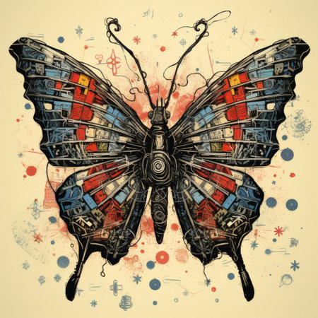 the twitcher butterfly, captured by brighamrobert plowman, showcases a mesmerizing blend of dieselpunk aesthetics, generative art, and symmetrical chaos. this textured illustration, inspired by americana iconography and steampunk designs, exudes a unique charm. with a touch of political illustration, this artwork on toronto gmallery.com is a captivating representation of the artist's creativity, ai generatedの素材