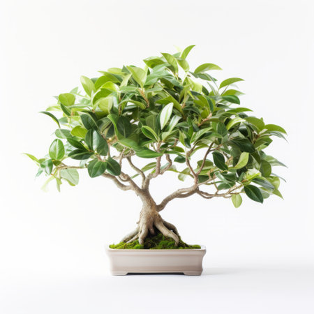 a bonsai tree, isolated on a white background, captures the essence of tropical symbolism and organic forms. with muted tones of light green and silver, this photo, taken with a nikon d750 by yasushi nirasawa, showcases the intricate beauty of the bonsai tree. the style of tokina at-x 11-16mm f28 pro dx ii lens adds depth and clarity to the image, while the bentwood designの素材