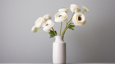minimalistic ranunculus arrangement in a vase featuring clean lines and a simple color palette. this modern painting places emphasis on the subject's details and exudes a neutral tone with shades of white and grey. soft, subtle lighting enhances the subject's features, creating a captivating minimalist portrait. ai generatedの素材