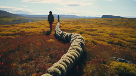 a karen walks through a picturesque tundra, captured from a high-angle perspective with a wide-angle lens. the composition highlights the stunning natural surroundings and the karen's harmonious bond with nature. the playful addition of a caterpillar following along infuses the scene with a touch of whimsy. ai generatedの素材